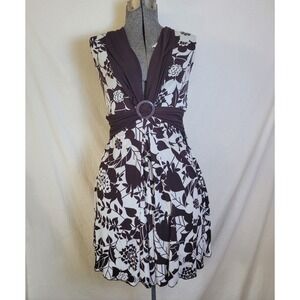Vintage 90s Y2K Brown White Floral Dress‎  La Belle Stretch Tropical S V Neck